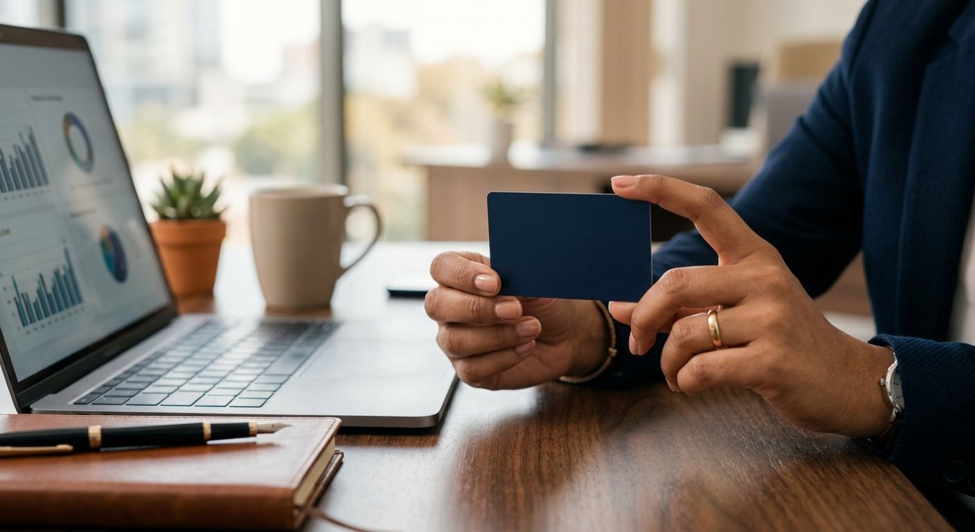A plain bank card held beside a laptop