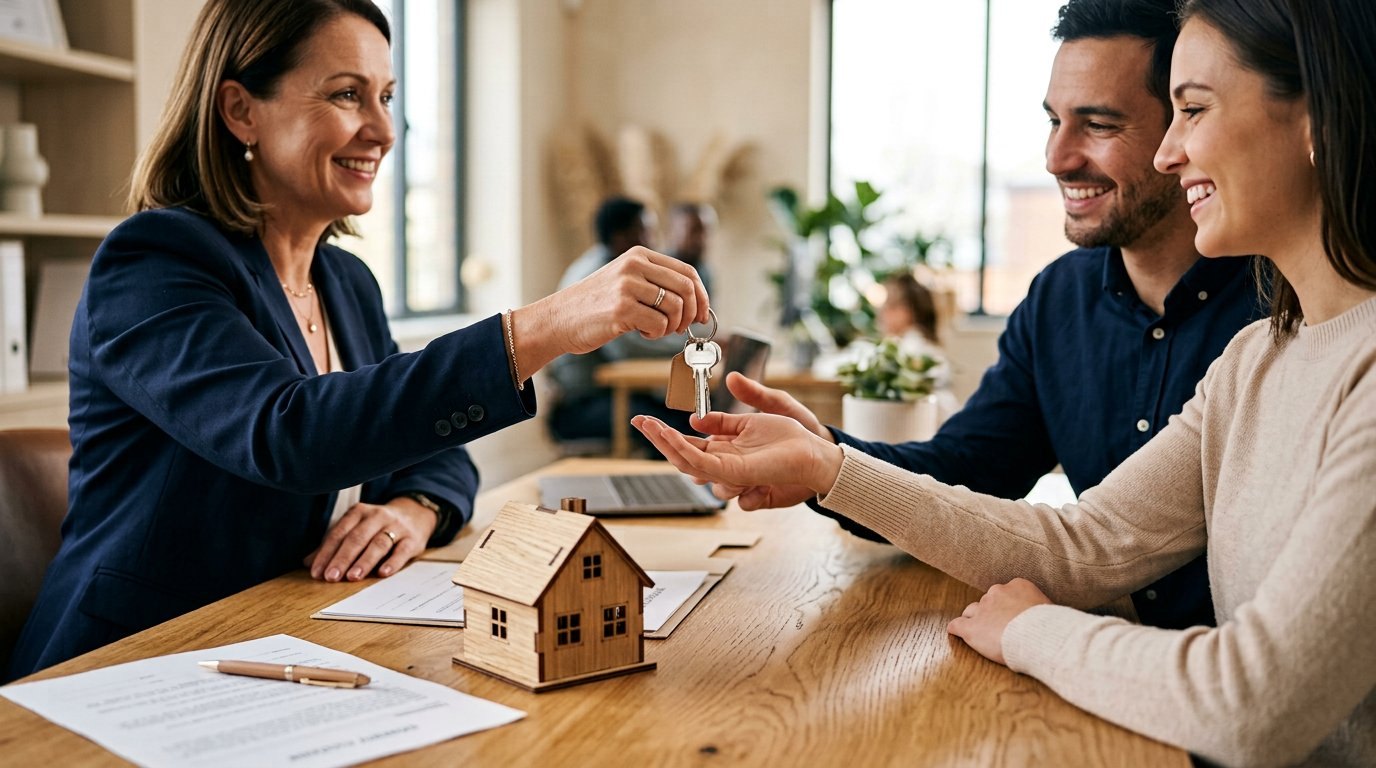 House keys being handed over beside a wooden home model